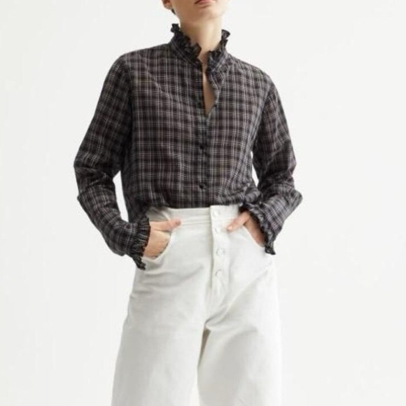 Nili Lotan Tops - Nili Lotan Black Plaid Vivian Shirt Cotton Ruffle Collar Button Up | M